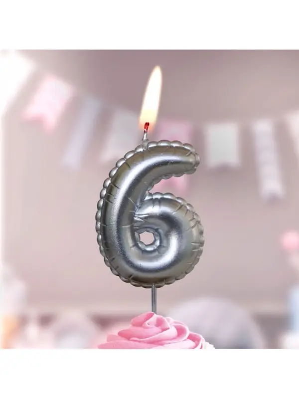 Свеча в торт на шпажке "Воздушая цифра", цифра "6", серебро