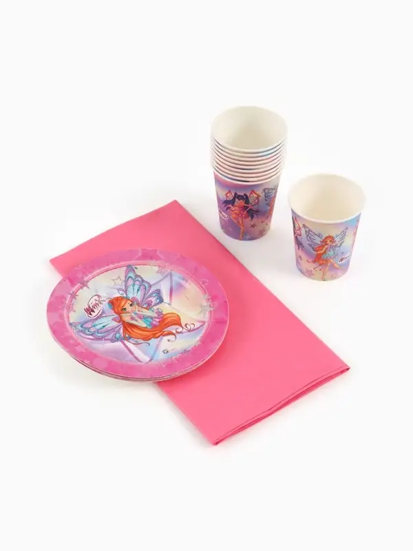 Посуда одноразовая бумажная на 10 персон: стаканы, тарелки, скатерть, ВИНКС Посуда одноразовая бумажная на 10 персон: стаканы, тарелки, скатерть, ВИНКС