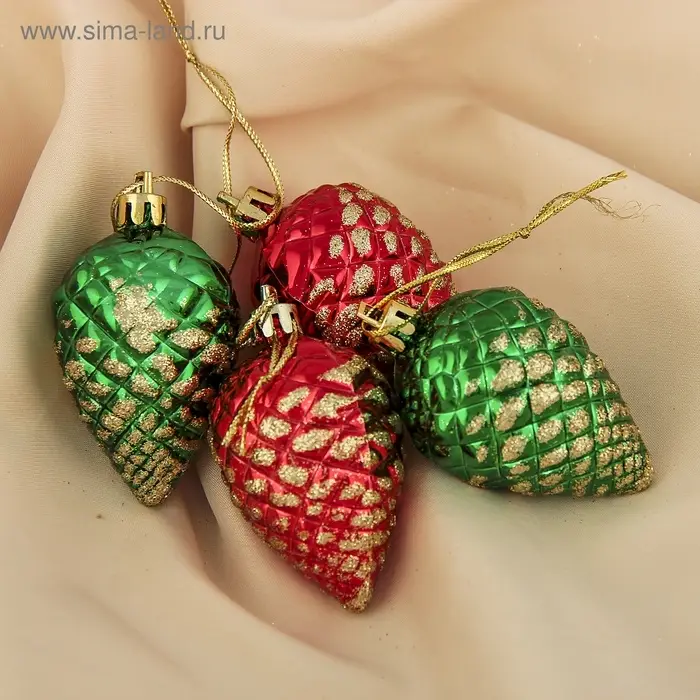 Ёлочные игрушки 4 шт. &laquo;Шишка с золотинкой&raquo; 5&times;4 см, красный зелёный
