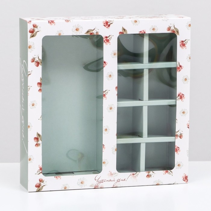 Коробка под 8 конфет + шоколад, с окном ,  Коробка под 8 конфет + шоколад, с окном , "Чайный букет", тиффани, 17,7 х 17,85 х 3,85 см