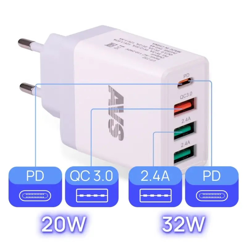 USB сетевое зарядное устройство AVS 4 порта UT-732  (QC 3.0, PD Type C, 3A )