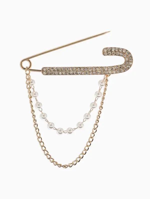 Булавка &laquo;Блеск&raquo; в стразах, цепочка, жемчуг, L=7.5 см, цвет белый в золоте