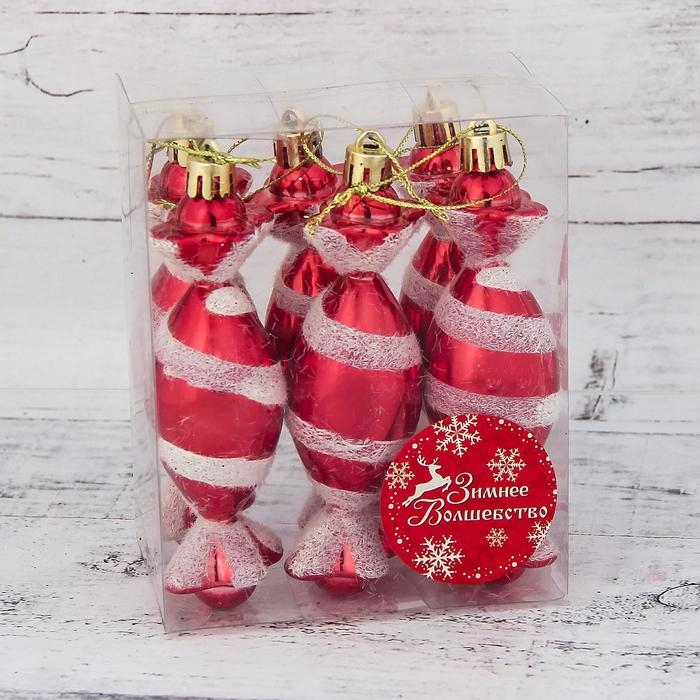 Украшение ёлочное "Конфетки полосатые" (набор 6 шт) 3,5х10,5 см, красно-белый
