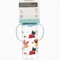 Бутылочка для кормления M&B &laquo;ТРЕНД. Песики&raquo;, классическое горло, с ручками, от 3 мес., 250 мл., цилиндр, голубой