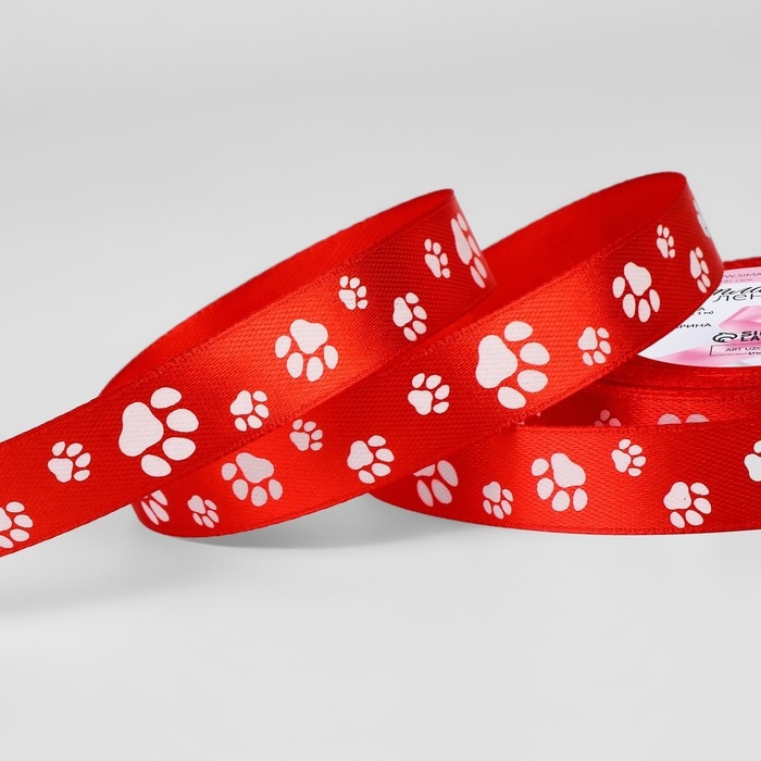Лента атласная «Лапки», 15 мм, 23 ± 1 м, цвет красный №026 Лента атласная «Лапки», 15 мм, 23 ± 1 м, цвет красный №026