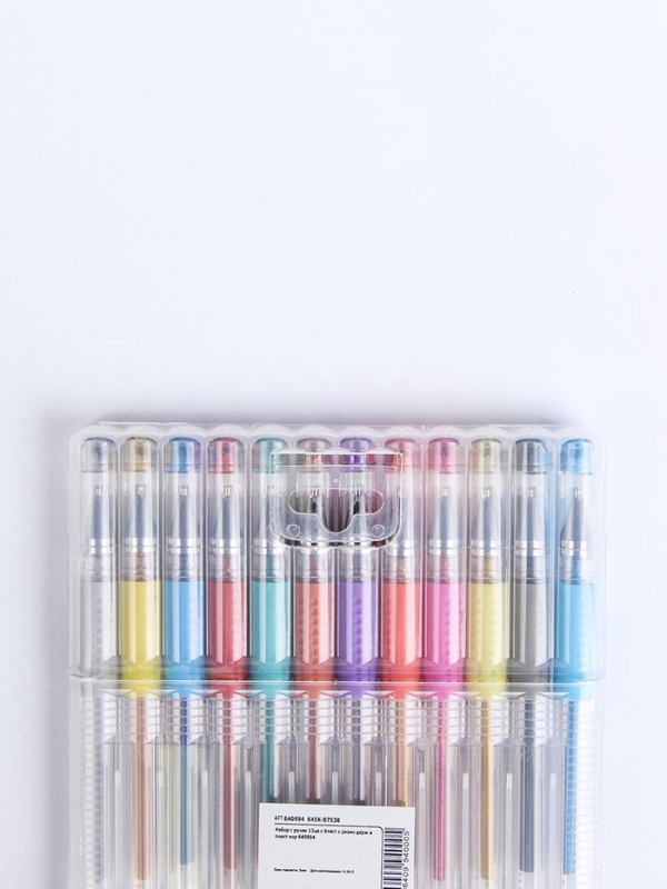 Набор гелевых ручек, 12 цветов, с блестками, с резиновым держателем, в пластиковой коробке