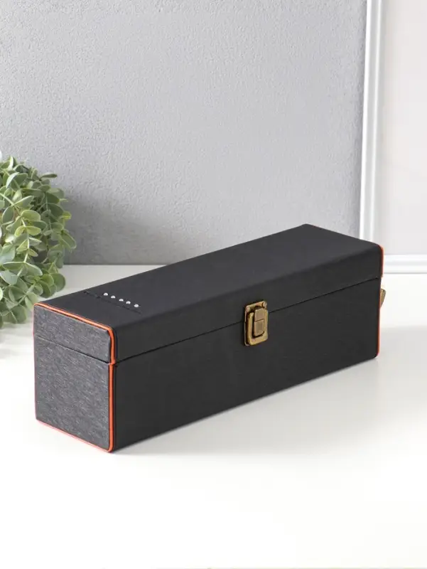 Шкатулка дерево, кожзам под бутылку "Чёрная с оранжевой вставкой" 4 предмета 35х10х11,5 см   1096938