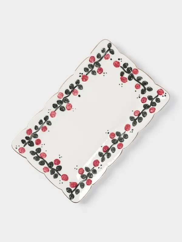 Блюдо сервировочное «Красный бутон», 25.5×16×2.5 см, керамика, белое