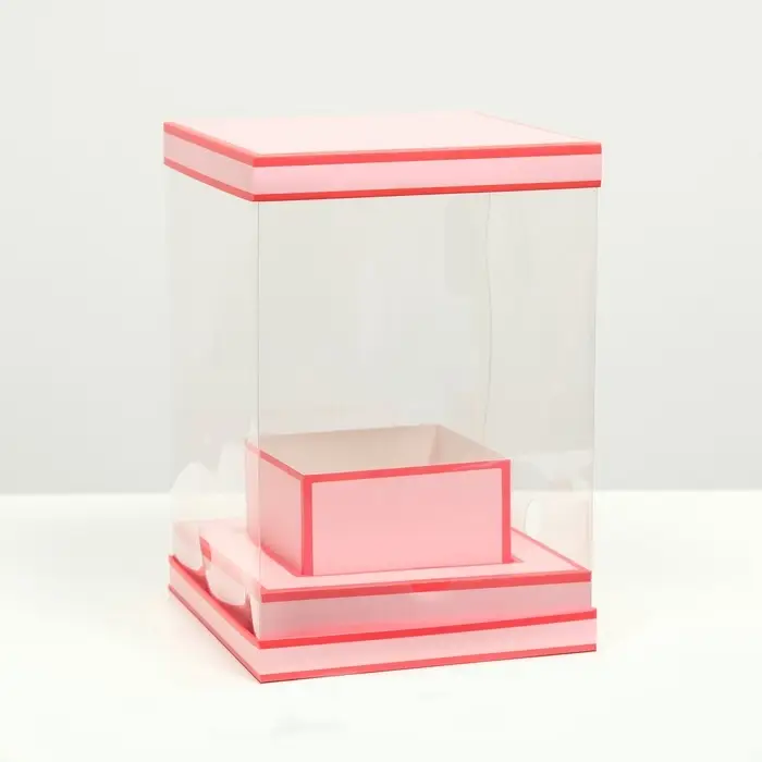 Коробка для цветов с вазой и PVC окнами складная, насыщенно - розовый, 16&times;23&times;16 см