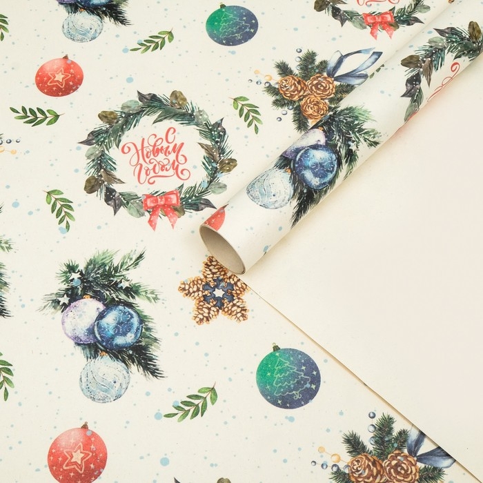 Новый год. Бумага упаковочная крафт  Новый год. Бумага упаковочная крафт "Венки",1 лист , 70 х 100 см