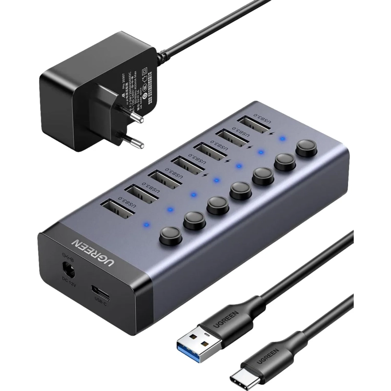 Разветвитель USB UGREEN CM481 (90307) USB-C to 7-Port USB-A 3.0/DC 12V/черн
