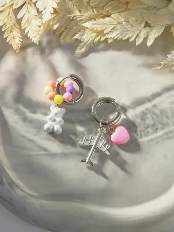 Серьги со съёмным элементом &laquo;Трансформер&raquo;, мишка и сердце, цветные в серебре