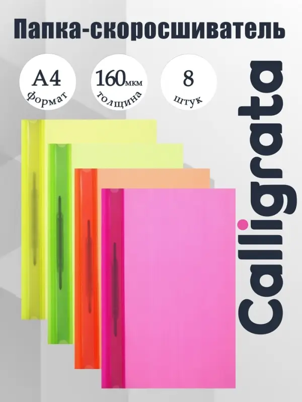 Набор папок-скоросшивателей А4, Calligrata Neon, 160 мкм, 8 штук, МИКС, прозрачный верх
