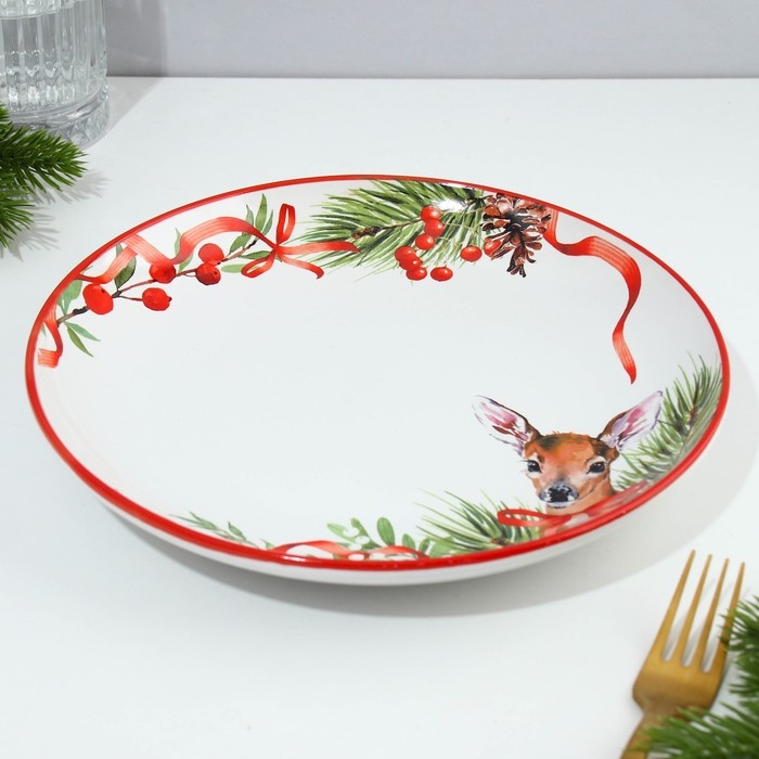 Новый год. Тарелка керамическая «Новогодняя сказка» красная, 22.5 см, цвет белый Новый год. Тарелка керамическая «Новогодняя сказка» красная, 22.5 см, цвет белый