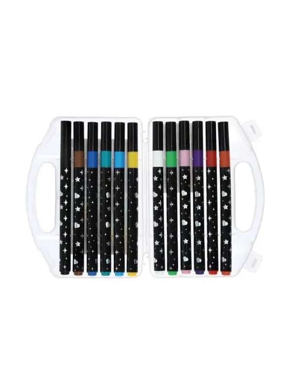 Фломастеры 12 цветов с блестками, в пластиковой коробке