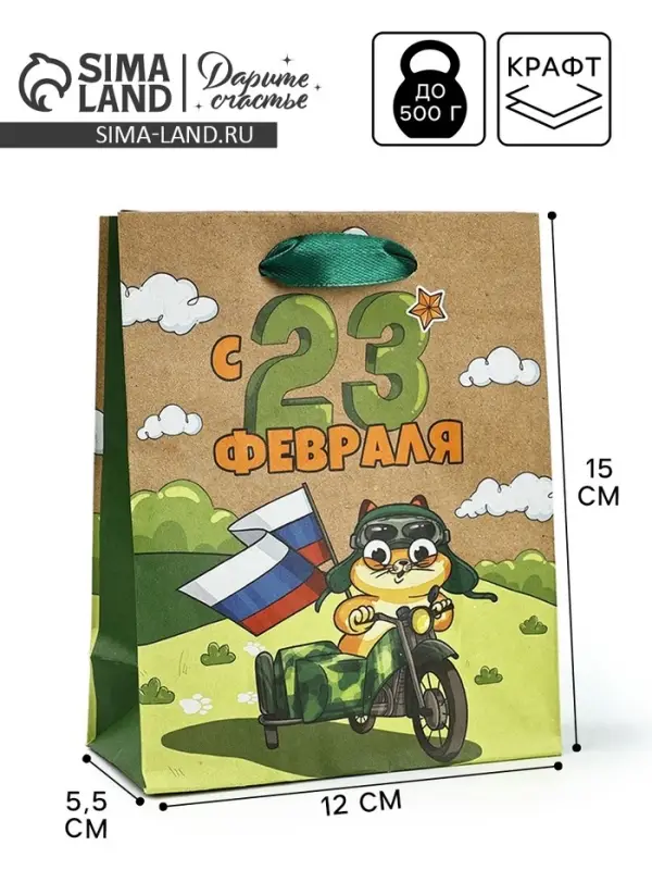 Пакет подарочный крафтовый «23 февраля», S 12 х 5.5 х 15 см