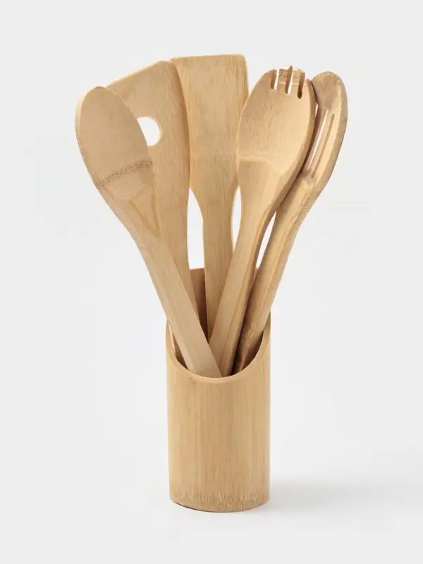 Набор кухонных принадлежностей Доляна &laquo;Бамбуковый лес&raquo;, 5 предметов на подставке: 2 лопатки, 3 ложки