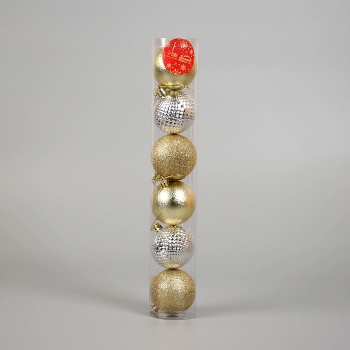 Набор шаров пластик d-6 см, 6 шт Набор шаров пластик d-6 см, 6 шт "Призма" серебристо-золотой