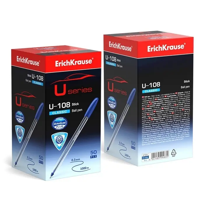 Ручка шариковая ErichKrause U-108 Classic Stick, игольчатый узел 1.0 мм, чернила синие, ультра-мягкое письмо Ручка шариковая ErichKrause U-108 Classic Stick, игольчатый узел 1.0 мм, чернила синие, ультра-мягкое письмо