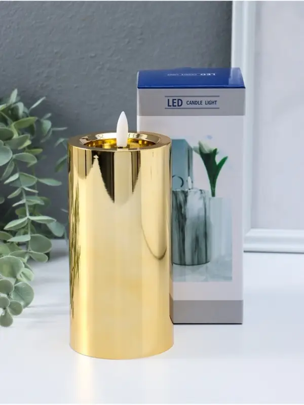 Светодиодная свеча LED - ночник RISALUX &laquo;Столбик. Глянец&raquo;, от батареек 3&times;АА, золото, мерцающая 7.5&times;7.5&times;17 см