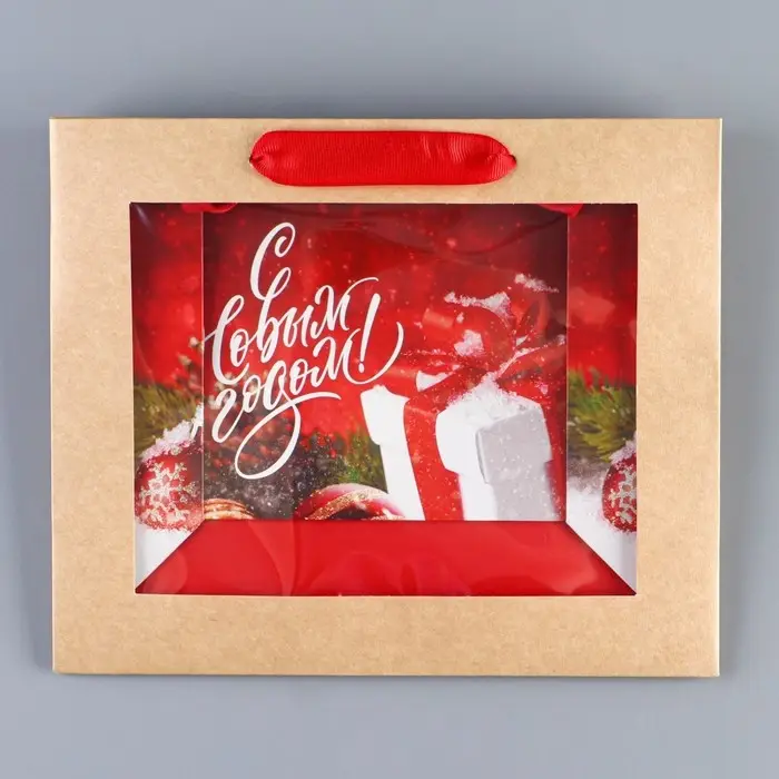 Пакет подарочный новогодний крафтовый с пластиковым окном &laquo;Новогодний подарок&raquo;, 24 х 20 х 11см