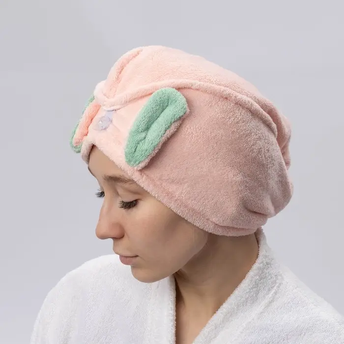 Чалма для сушки волос Доляна &laquo;Ушки&raquo;, микрофибра, с пуговкой, розовая