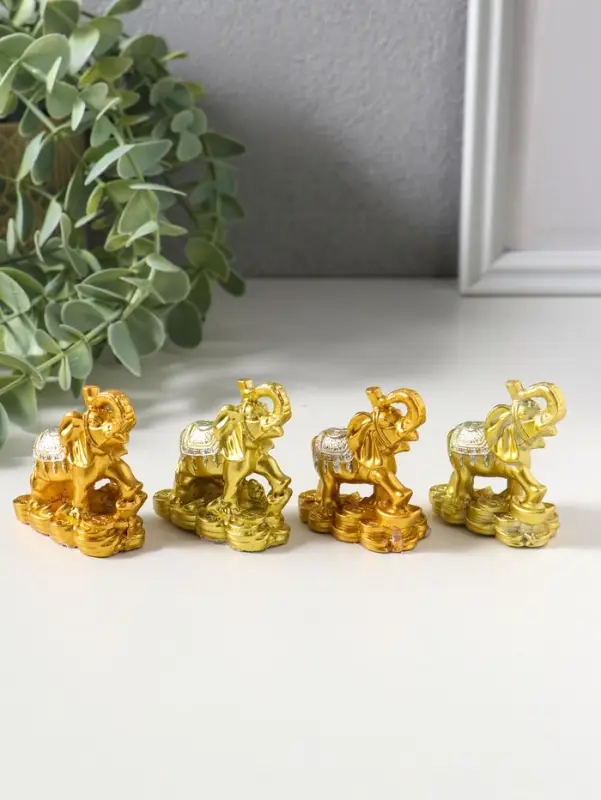 Сувенир полистоун "Слон на монетах и слитках" набор 4 шт золото 2,5х5х5 см