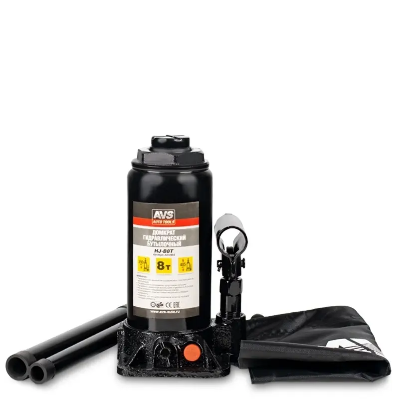 Домкрат гидравлический AVS HJ-B8T, 8т, 200-405мм. с клапаном (сумка, ремкомплект)