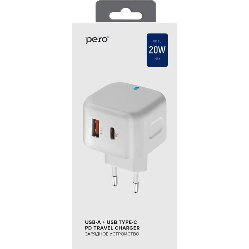 Зарядное устройство сетевое PERO TC10 USB-C 20W + USB-A Fast Charge белый