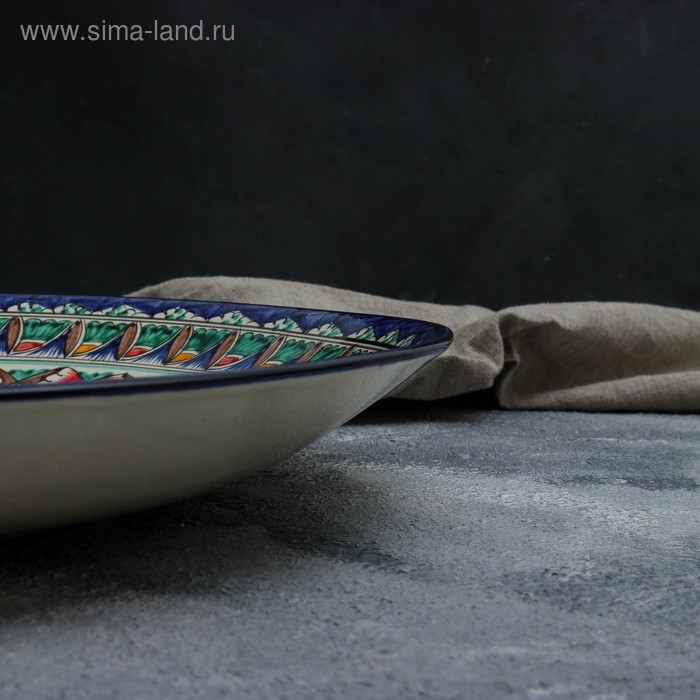 Ляган круглый Риштанская Керамика, 41см, коричнево-красно-синий орнамент