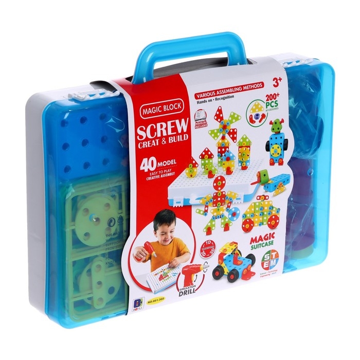 Конструктор в чемодане «Объёмная мозаика», с электрическим шуруповертом, 40 моделей, 200 деталей Конструктор в чемодане «Объёмная мозаика», с электрическим шуруповертом, 40 моделей, 200 деталей