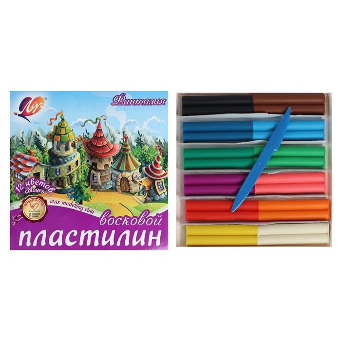 Пластилин мягкий (восковой), 12 цветов, 180 г,  Пластилин мягкий (восковой), 12 цветов, 180 г, "Фантазия", со стеком, микс