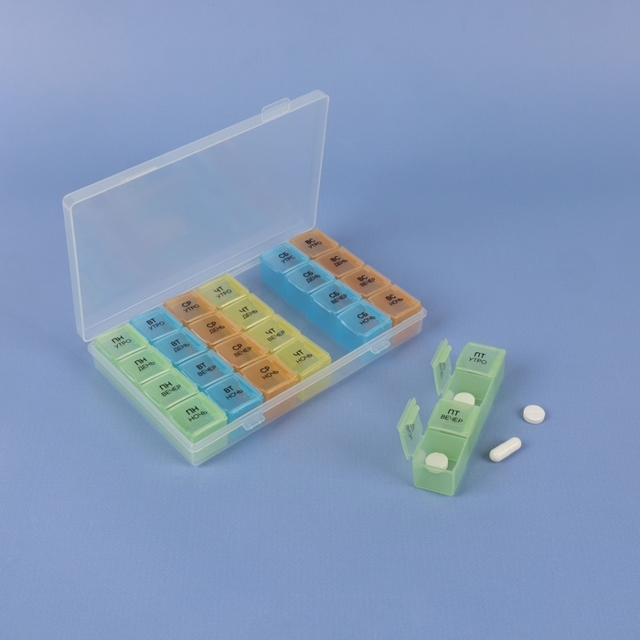 Таблетница - органайзер «Неделька», съёмные ячейки, утро/день/вечер/ночь, 17,5 × 10,7 × 2,5 см, 7 контейнеров по 4 секции, разноцветная Таблетница - органайзер «Неделька», съёмные ячейки, утро/день/вечер/ночь, 17,5 × 10,7 × 2,5 см, 7 контейнеров по 4 секции, разноцветная