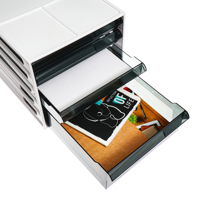 Файл-кабинет 4-секционный СТАММ, белый корпус, черные лотки