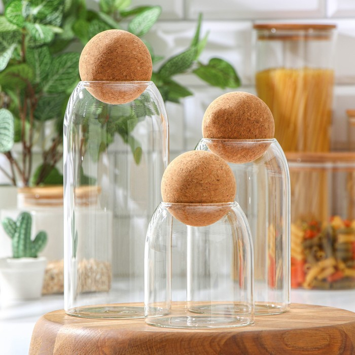 Банки стеклянные для хранения сыпучих продуктов Magistro «Эко», 3 предмета: 450/700/1000 мл, с пробковой крышкой Банки стеклянные для хранения сыпучих продуктов Magistro «Эко», 3 предмета: 450/700/1000 мл, с пробковой крышкой