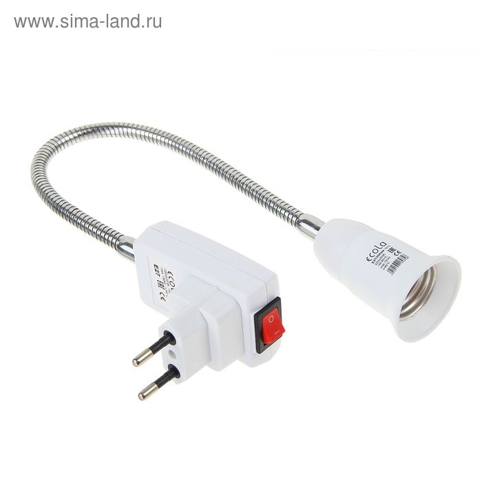 Переходник Ecola, вилка-патрон, E27, 300 х 40 мм, c выключателем, гибкий, белый Переходник Ecola, вилка-патрон, E27, 300 х 40 мм, c выключателем, гибкий, белый