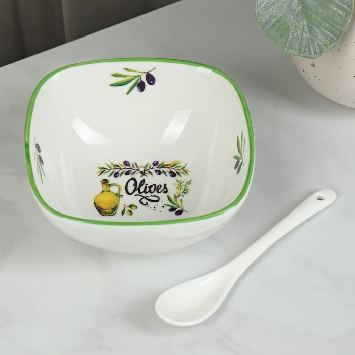 Салатник фарфоровый с ложкой Доляна «Олива», 300 мл Салатник фарфоровый с ложкой Доляна «Олива», 300 мл