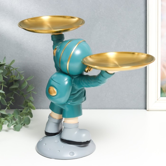 Сувенир полистоун подставка  Сувенир полистоун подставка "Космонавт в бирюзовом с двумя блюдами" 14х26,5х32 см