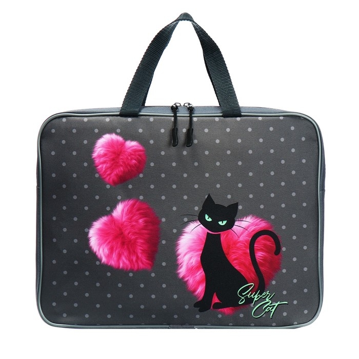 Папка с ручками текстильная А4, 370 х 280 х 60 мм, Stavia Папка с ручками текстильная А4, 370 х 280 х 60 мм, Stavia "Чёрная кошка" розовый