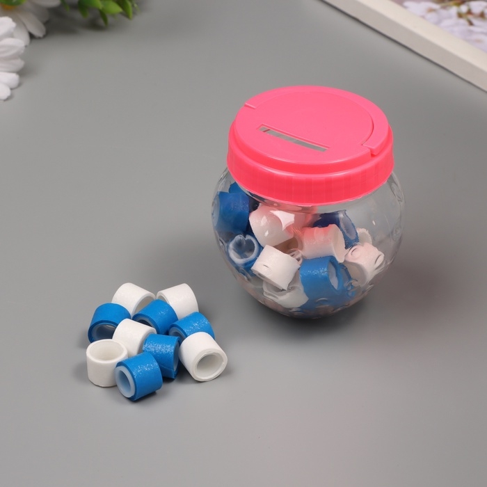 Клейкая лента пластик в банке  Клейкая лента пластик в банке "Белый и синий" н-р 40 шт 1,2 см, дл. 0,9 м 7х7х9 см