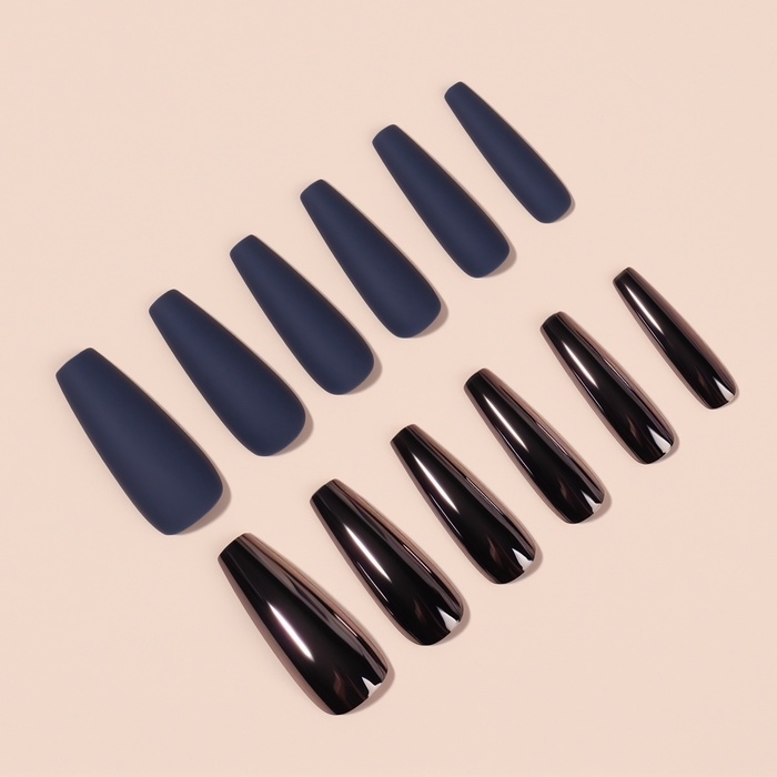 Накладные ногти, 12 шт, с клеевыми пластинами, форма балерина, матовый/хромированный, цвет синий/чёрный Накладные ногти, 12 шт, с клеевыми пластинами, форма балерина, матовый/хромированный, цвет синий/чёрный