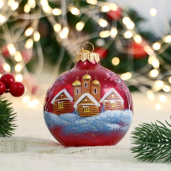 Ёлочный шар d-8 см Ёлочный шар d-8 см "Часовня в зимней деревушке" ручная роспись
