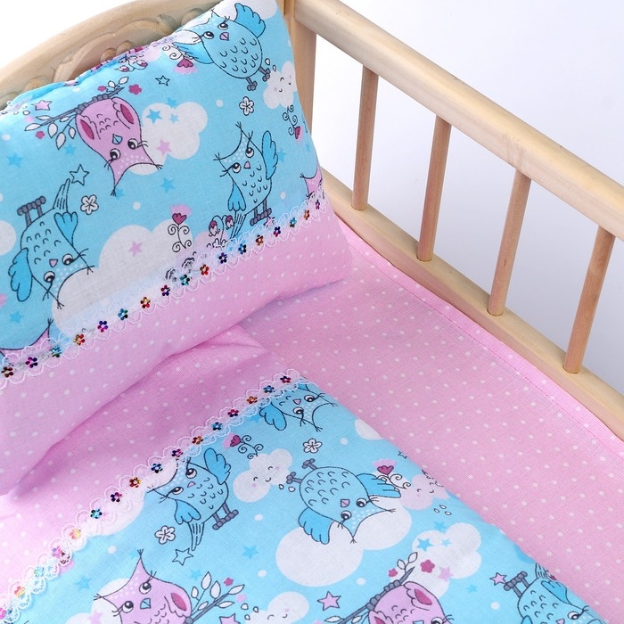 Кукольное постельное Кукольное постельное"Совята в облаках с розов,"х/б,простынь 46*36,одеяло,46*36,подушка 23*17