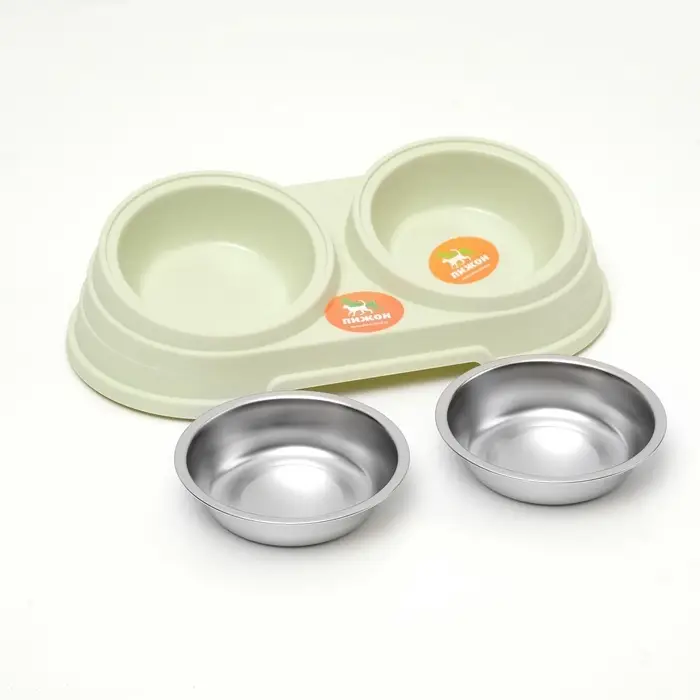 Миска металлическая двойная наклонная на пластиковом основании, 28.5&times;15&times;7 см, зелёная