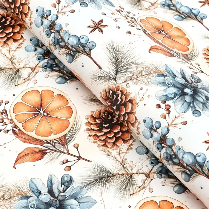 Бумага упаковочная новогодняя "Новогодний апельсин", глянец, 80 г/м2 , 70 х 100 см.