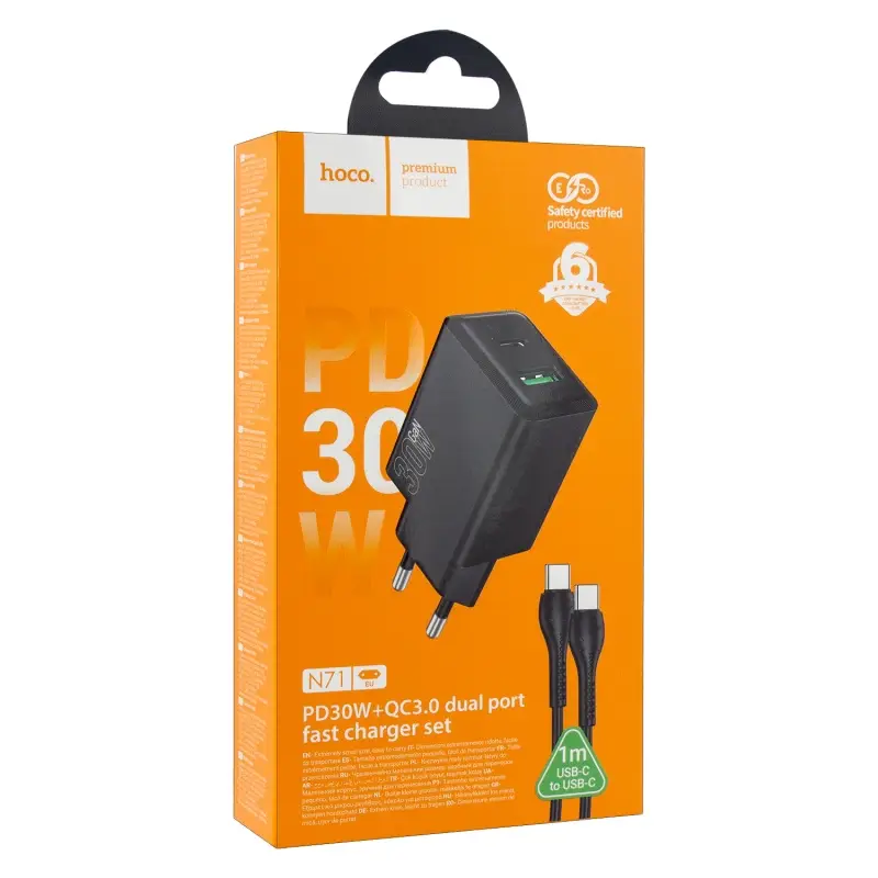 Сетевое зарядное устройство с кабелем Type-C на Type-C PD30W + USB QC3.0 N71 HOCO черное