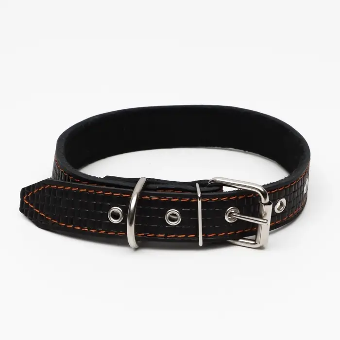 Ошейник кожаный с тиснением на синтепоне, 65&times;3 см, ОШ 40-55 см, чёрный
