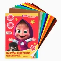 Картон цветной, А4, 10 листов, 10 цветов, мелованный, односторонний, в папке, 240 г/м&sup2;, Маша и Медведь