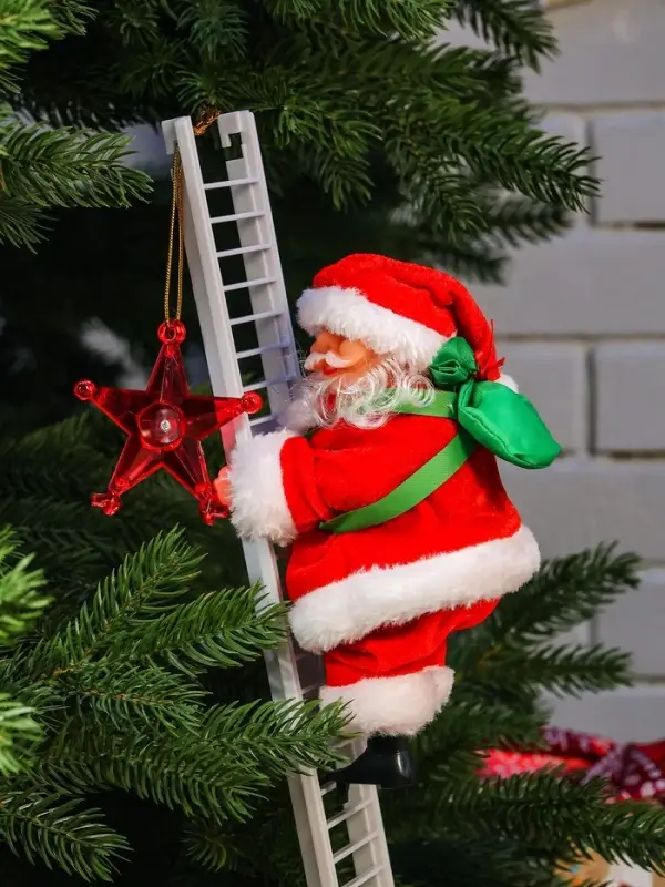 Дед Мороз "С мешком, на лестнице" 20х9 см, 65 см, движение, музыка, красный