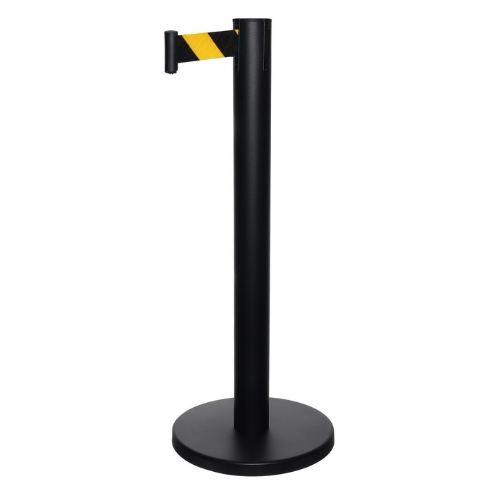 Стойка ограждения черная, с вытяжной лентой-470 см желтая - черная, высота-90см,d- 6см,напольный d-32см Стойка ограждения черная, с вытяжной лентой-470 см желтая - черная, высота-90см,d- 6см,напольный d-32см